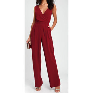 LULU'S S Kiska Burgundy Red Lace Wide-Leg Jumpsuit NEW B145